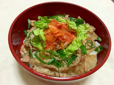 豚こま肉で！ねぎ塩豚キムチ丼♡